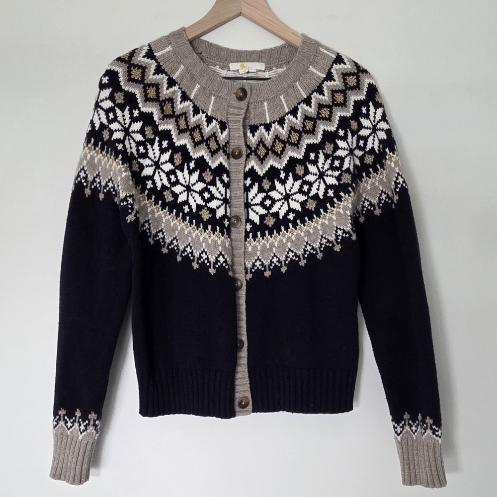 Boden Navy Fair Isle Wool Blend Cardigan Button Front Sweater Womens Size 14
